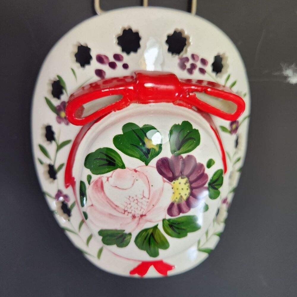 Lefton Hat Wall Pocket Planter Flowers Red Bow Reticulated Brim Cottagecore VTG
